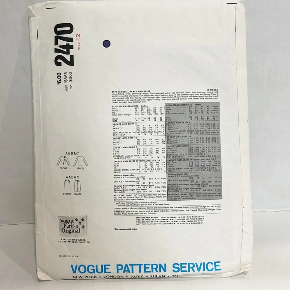 Vintage Vogue Sewing Pattern V2470 Skirt Suit Christian Dior 1980s Women NEW 12‎